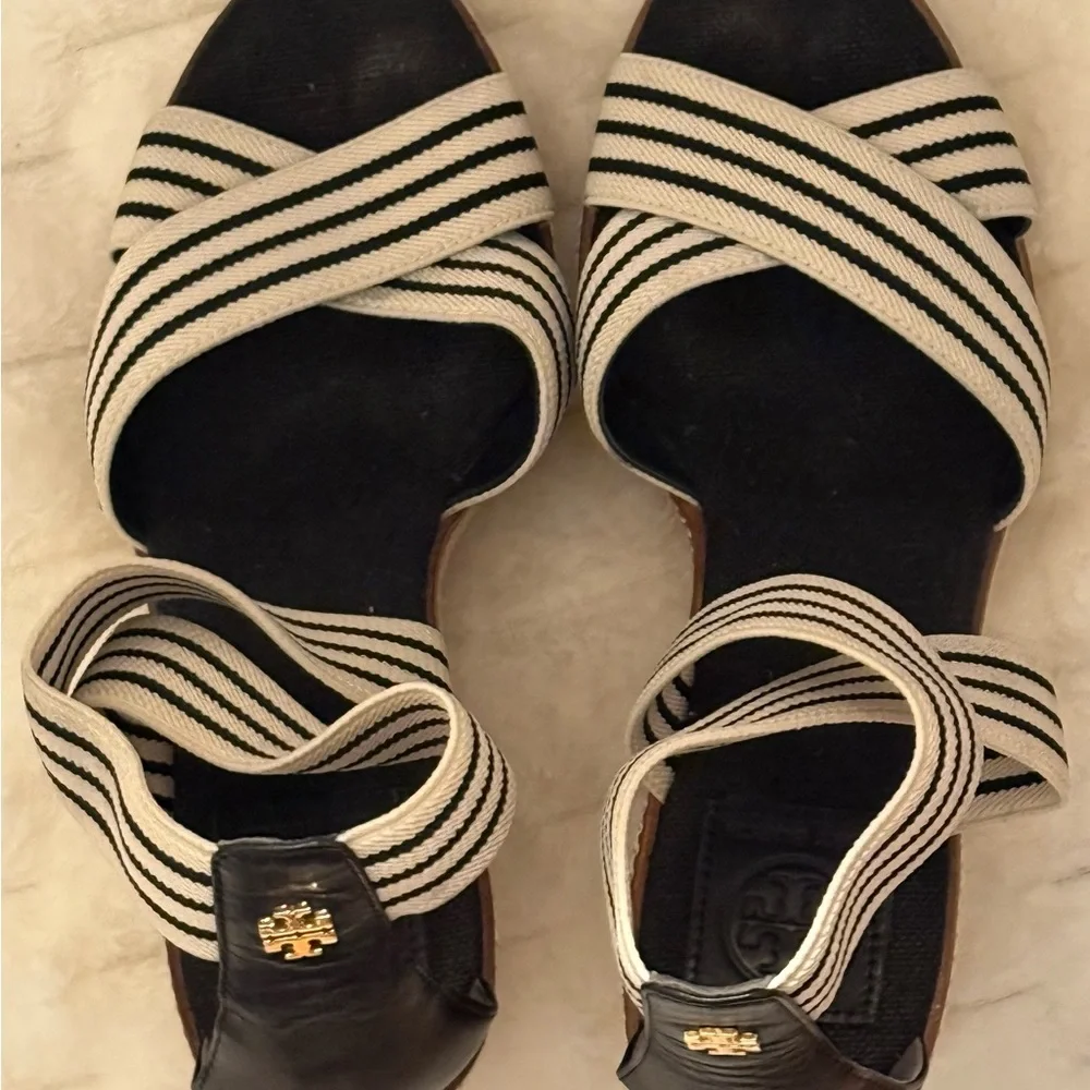 Tory Burch Black and Cream Striped Espadrille Wedge Sandals